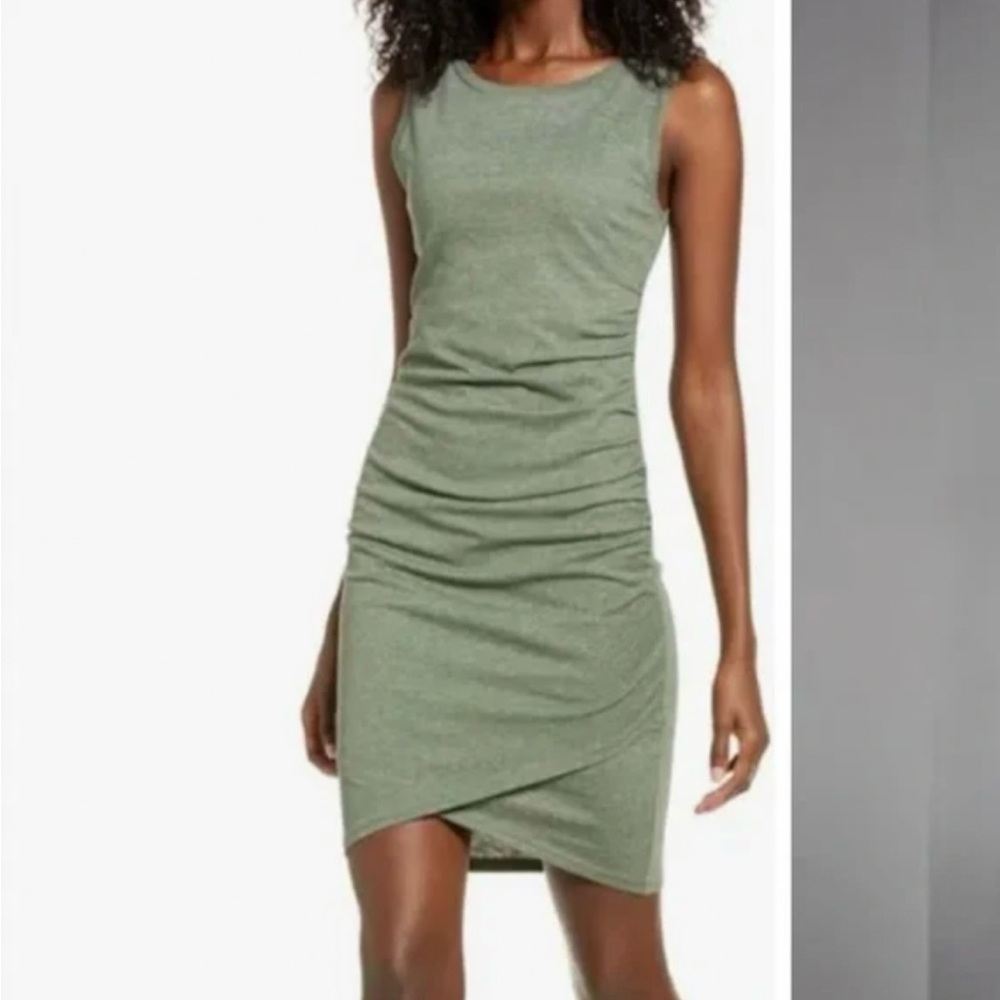 Leith Green Asymmetrical Ruched Sheath Dress
